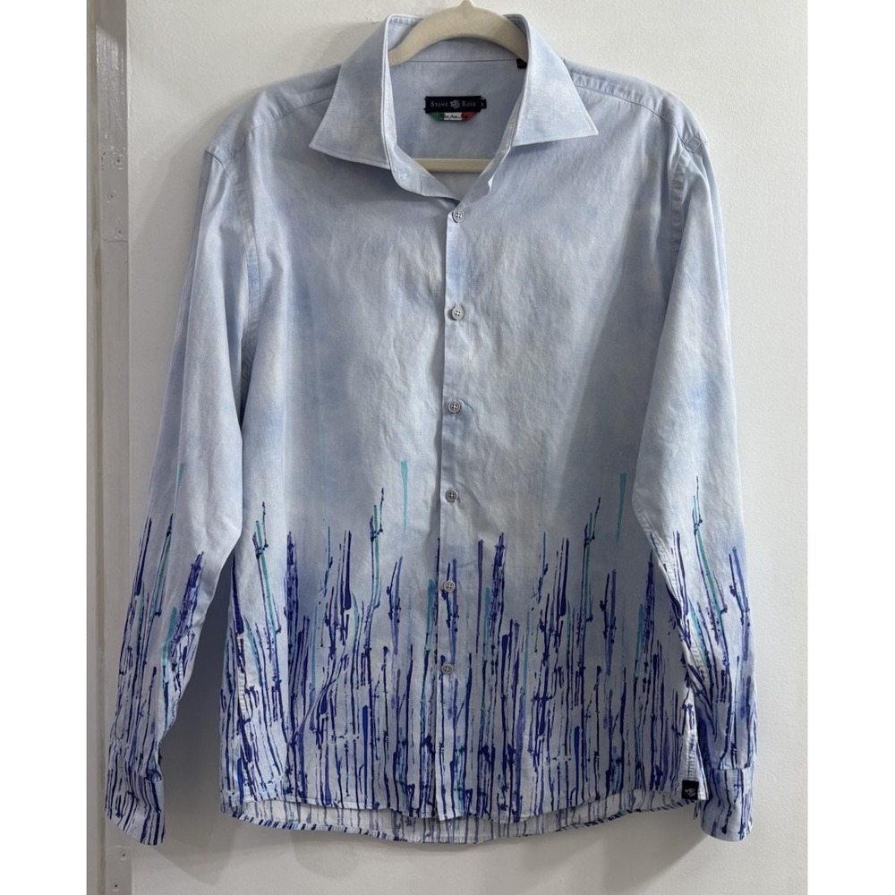 Stone Rose Mens Dress Shirt 5 ( XL) White Sky Blue Purple Pattern Flip Cuff